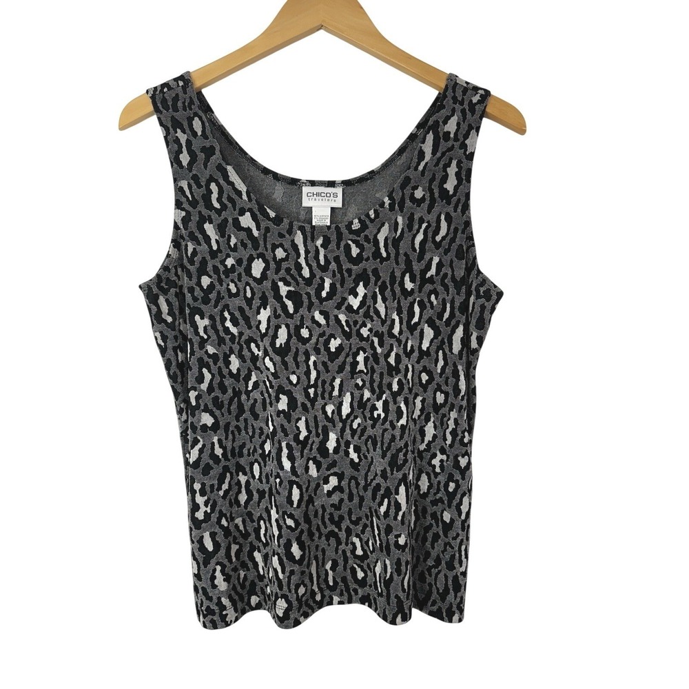 Chico's Travelers Size 2 US Large Tank Black Gray Leopard Print Pullover Top